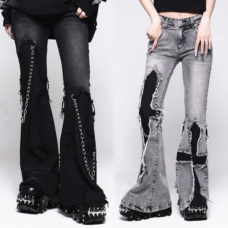 Japanese Subculture Ref Raw Edge Cross-Stitched Chain Vintage Y2K Skinny Flared Jeans Women's Denim Pants Japanese Subculture Ref Raw Edge Cross-Stitched Chain Vintage Y2K Skinny Flared Jeans Women's Denim Pants