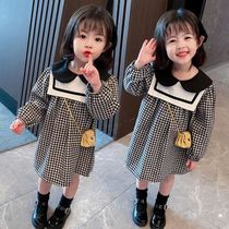 Girl navy collar plaid dress 2021 spring and autumn children doll collar Princess dress female baby Foreign skirt