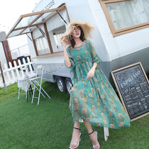 Large size foreign style dress Chiffon 2021 summer dress big ferry fake two-piece set Beach print medium long skirt female