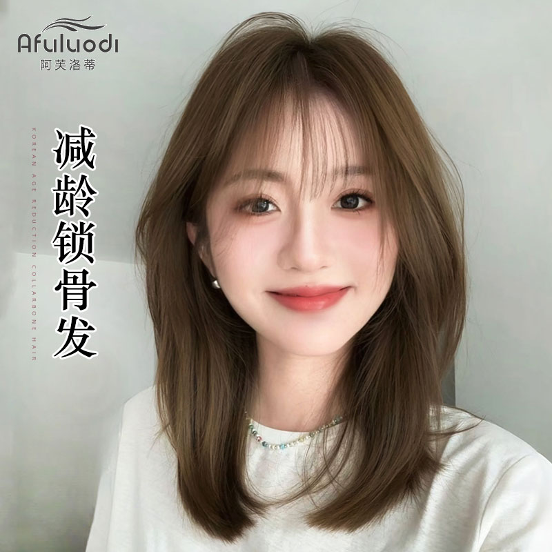 女性用ウィッグ、フルヘッドウィッグ、鎖骨ヘア、フル人毛、シームレスニードルカットエアバング、ナチュラルな若返りインビジブルウィッグ
