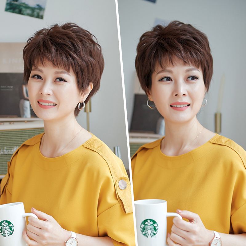 Short Hair Wig Women Handloom Full Headgear Realistic Short Curly Hair OLD AGE MOMS FULL TOP FLUFFY REAL HAIR WIG SLEEVE -TAOBAO