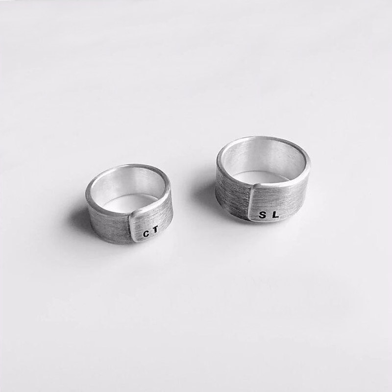 Retro brushed opening sterling silver couple ring letters lettering Japan and South Korea pair ring live mouth wide ring gift for men and women