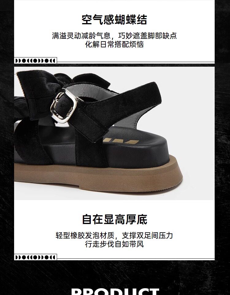 Сандалии mio米奥夏季纯色低跟厚底凉鞋复古丝绒蝴蝶结时尚休闲沙滩鞋女鞋