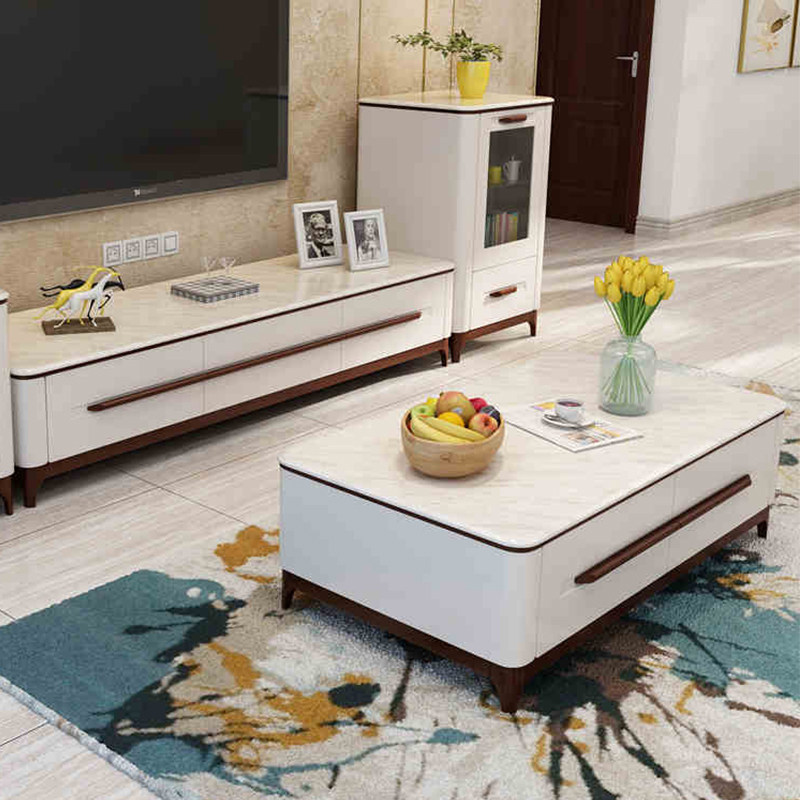 Minimalist Home Modern Marble Tea Table TV Cabinet Nordic Solid Wood Living Room Furniture Glass Wine Cabinet Composition Suit