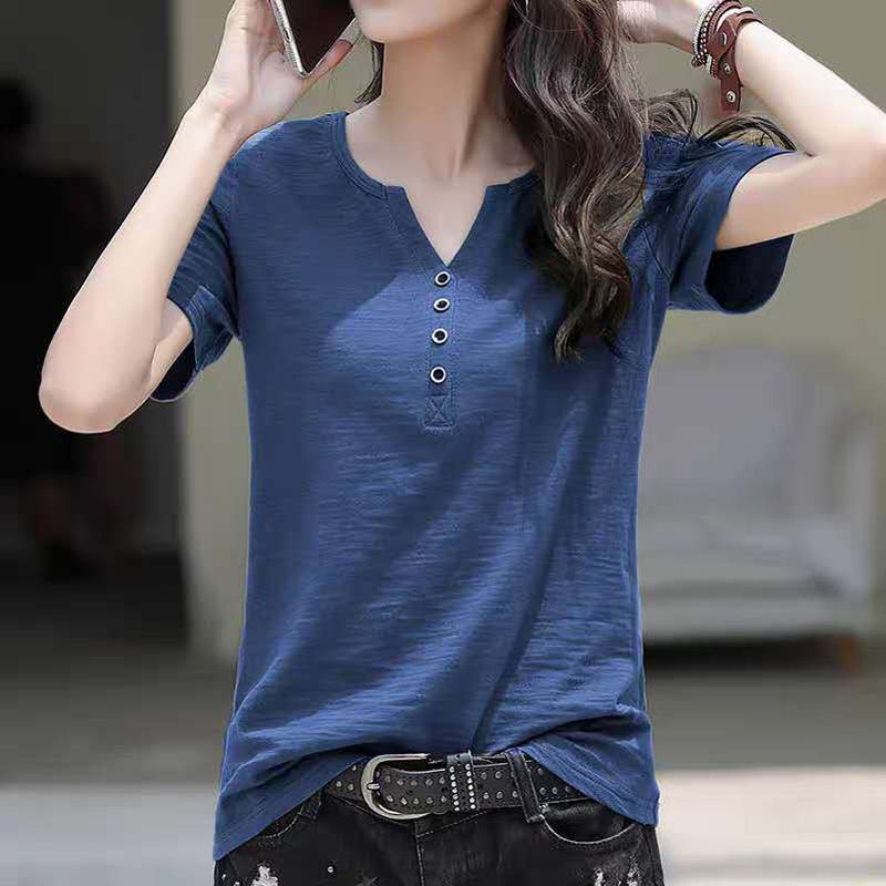 100% Pure Cotton Slub Cotton V-Neck Button Short-Sleeve T-Shirt for Women, New Summer Korean Style, Loose Fit, Plus Size, Solid Color Half-Sleeve Top