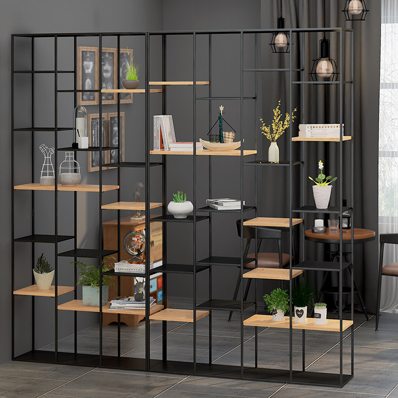 Ruyi square industrial wind Wrought iron shelf Office screen partition display stand Creative entrance solid wood lattice