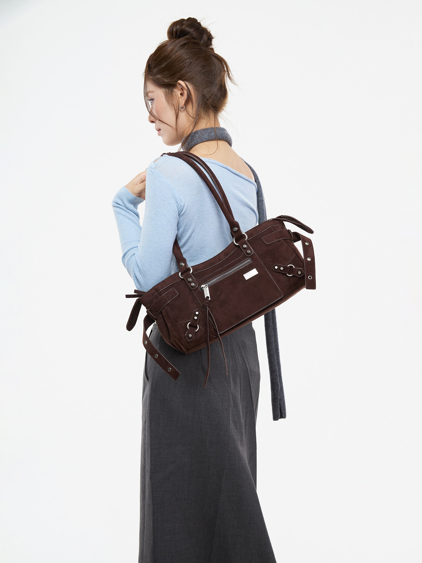 JANDRESS Suede Brown Studded Moto Underarm Bag