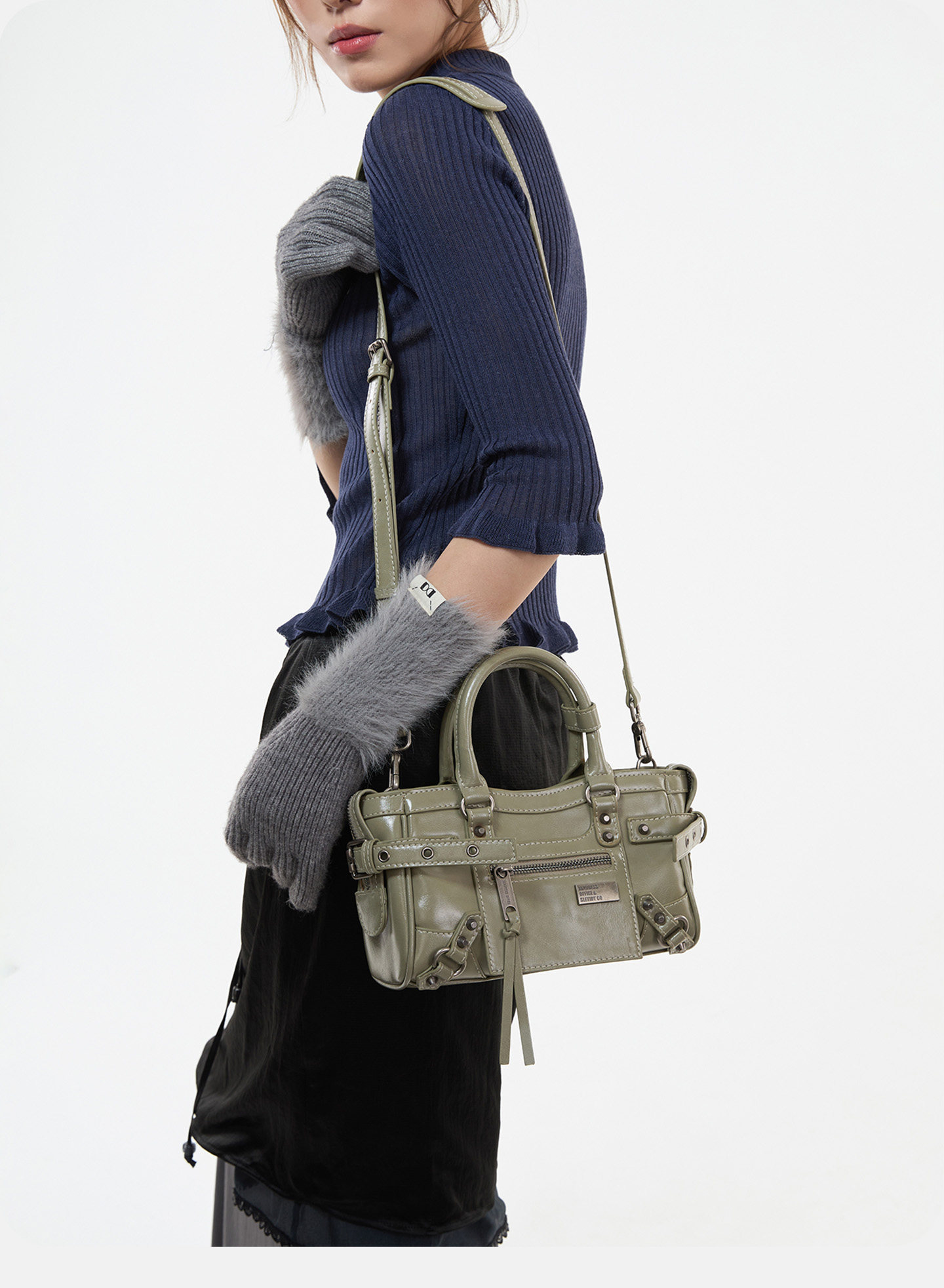 JANDRESS Sage Green Faux Leather Studded Mini Crossbody Bag - Zip-Top
