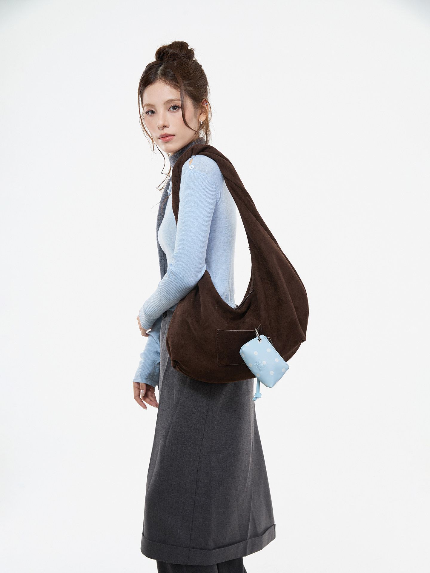 JANDRESS Suede Brown Twisted Pocket Underarm Bag