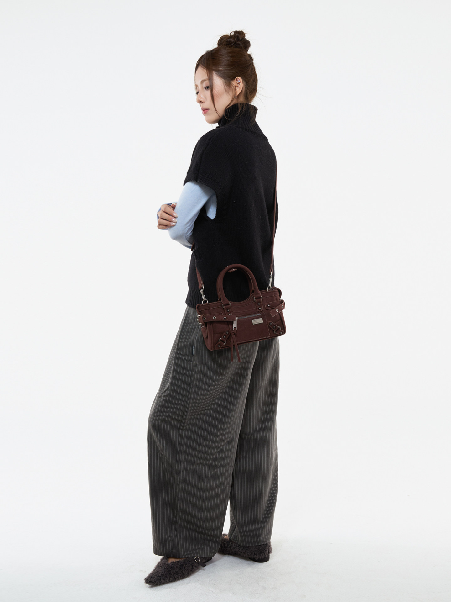 JANDRESS Brown PU Leather Studded Crossbody Bag