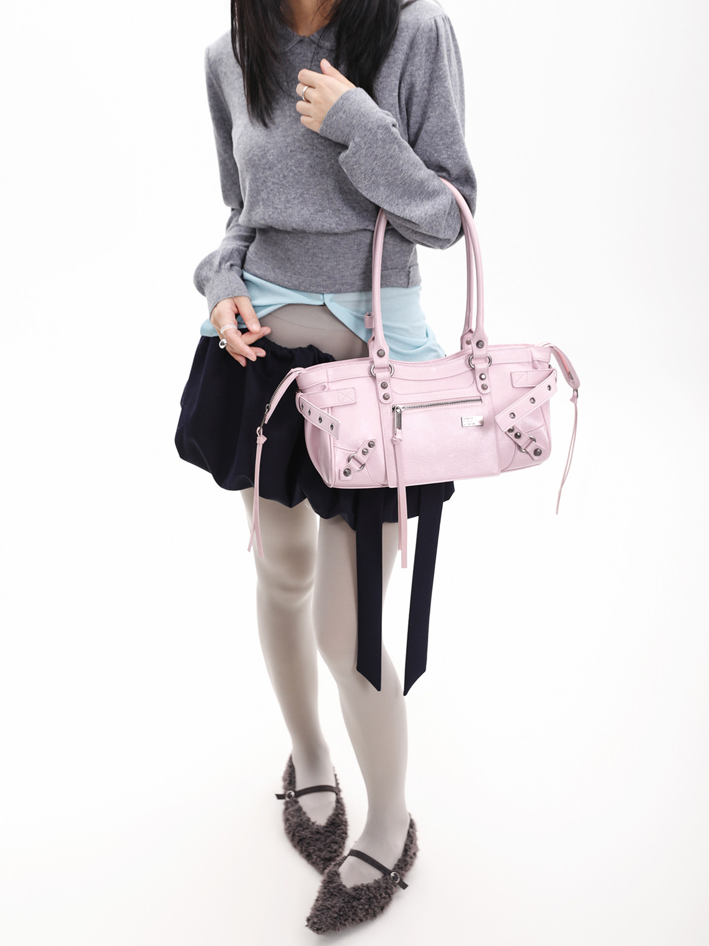 JANDRESS Pink Studded Biker Shoulder Bag