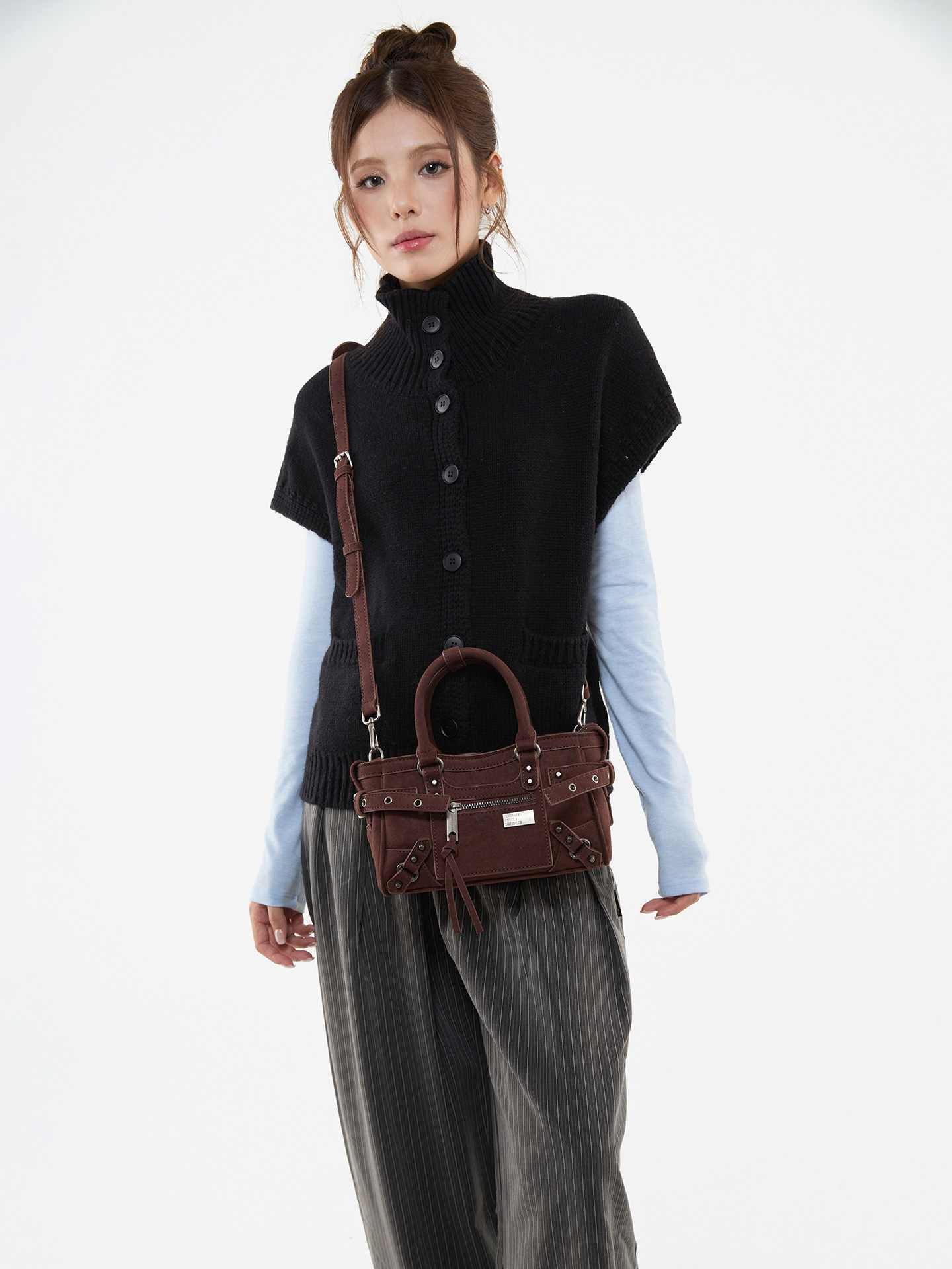 JANDRESS Brown PU Leather Studded Crossbody Bag
