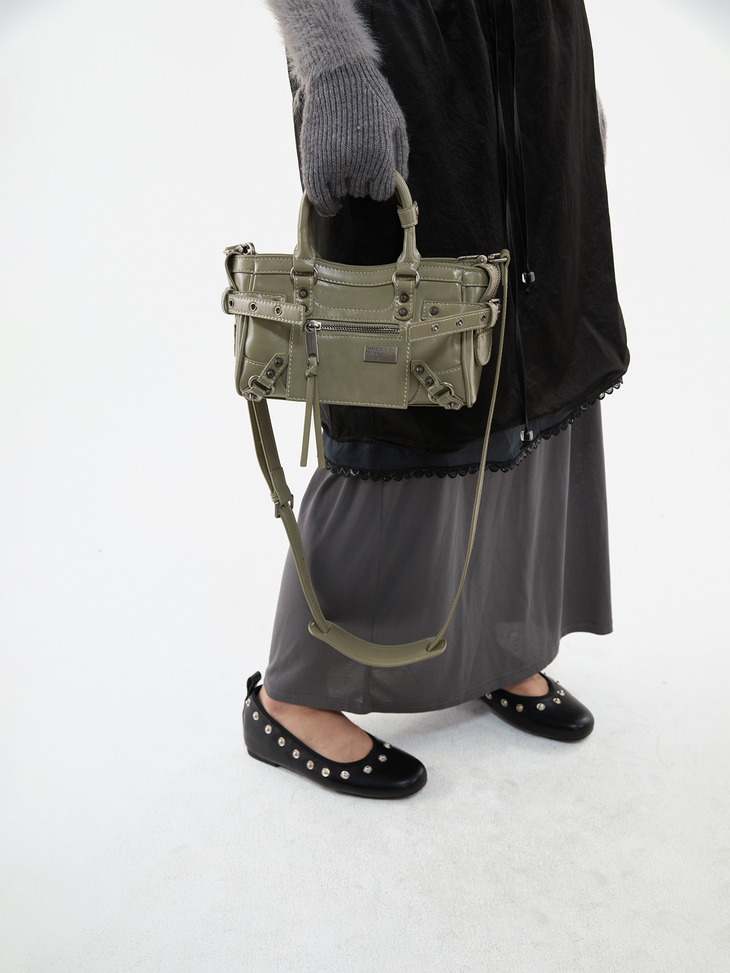 JANDRESS Sage Green Faux Leather Studded Mini Crossbody Bag - Zip-Top