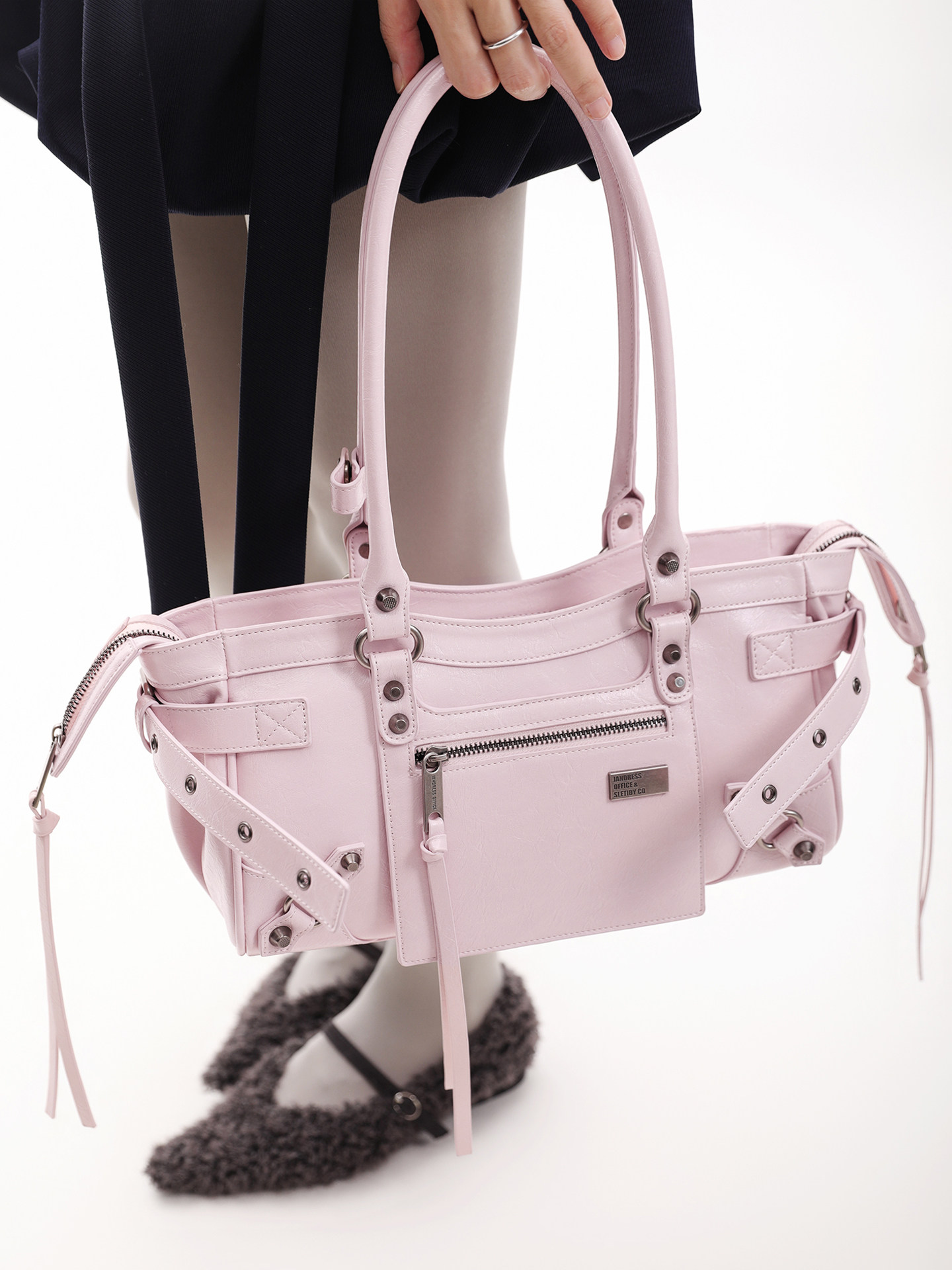 JANDRESS Pink Studded Biker Shoulder Bag