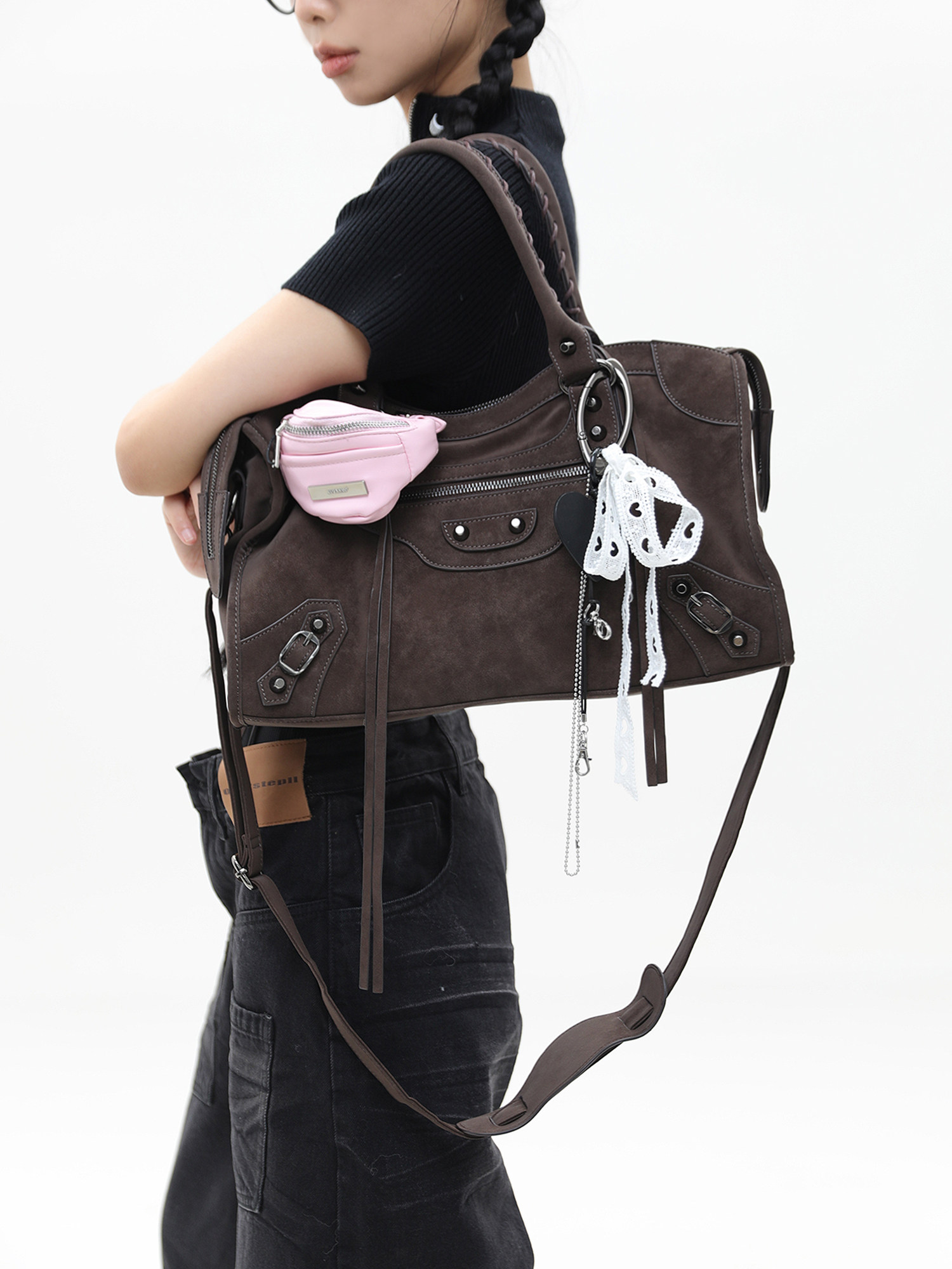 JANDRESS Suede Brown Studded Motorcycle Shoulder Bag