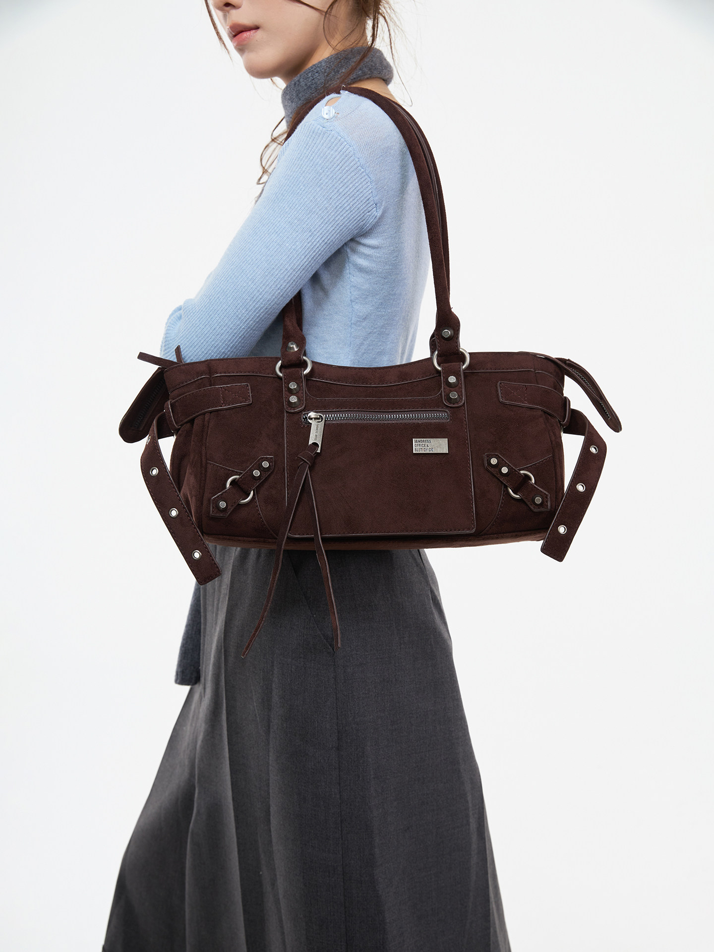 JANDRESS Suede Brown Studded Moto Underarm Bag