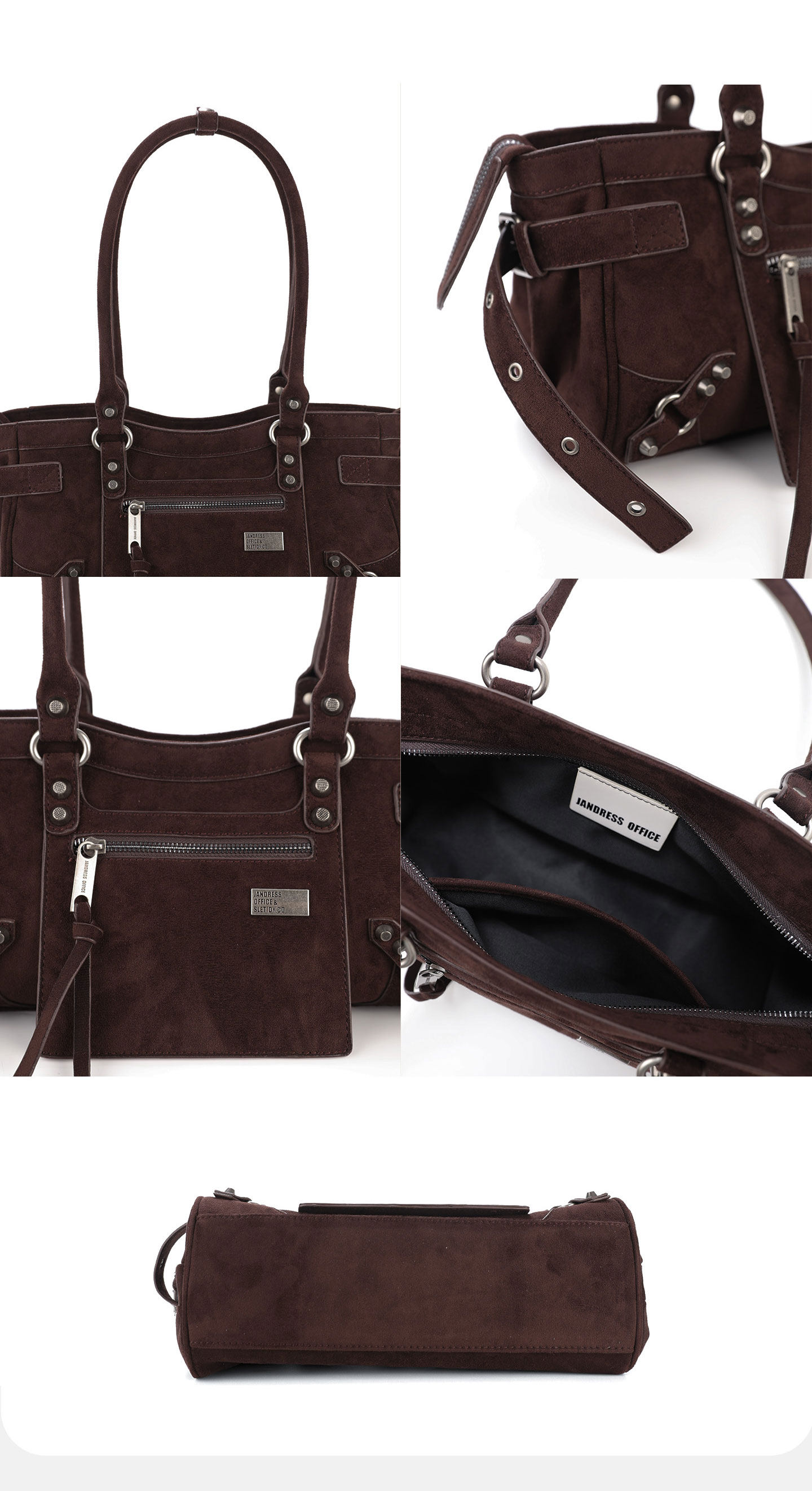JANDRESS Suede Brown Studded Moto Underarm Bag