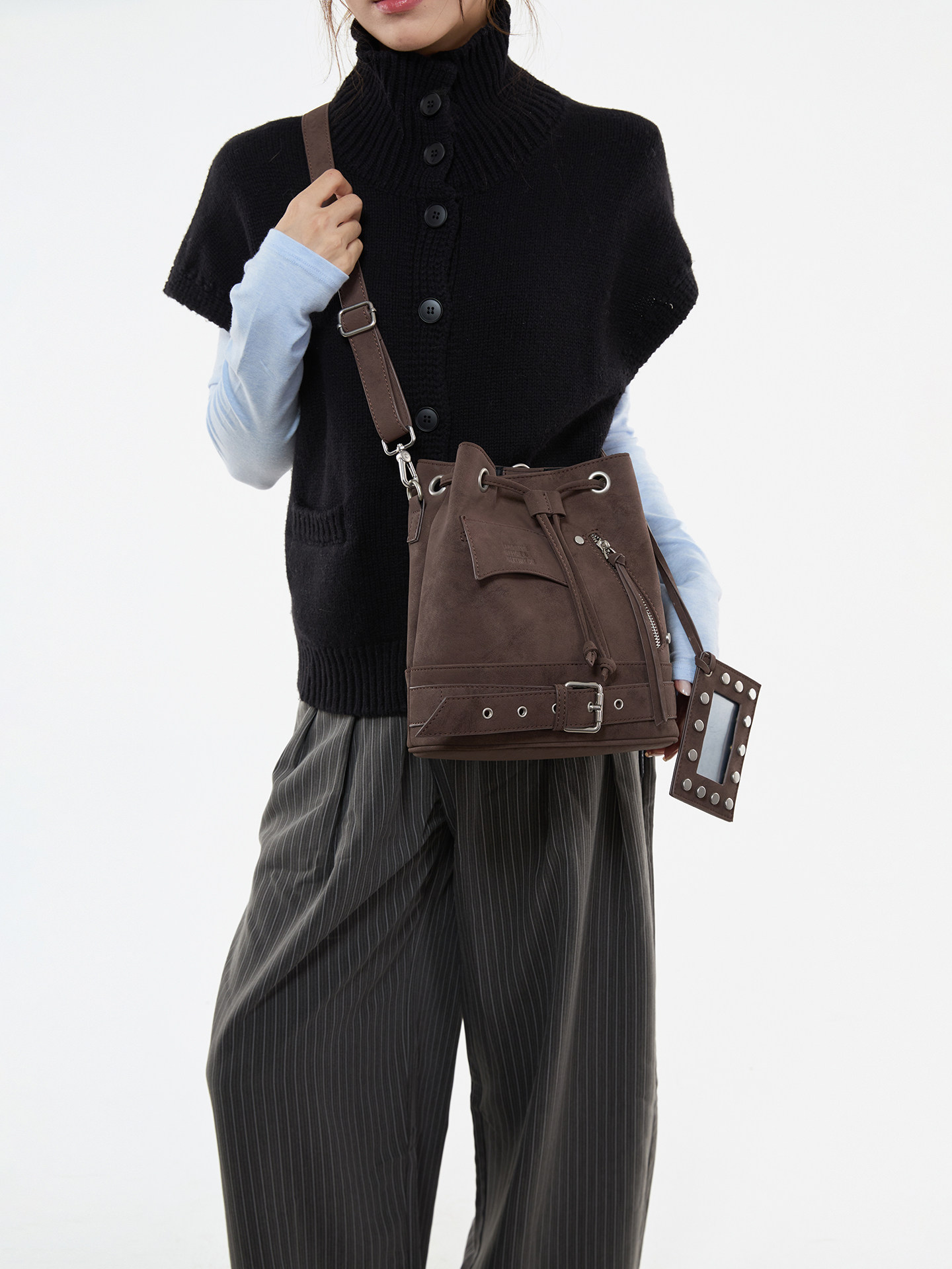 JANDRESS Brown PU Drawstring Bucket Bag