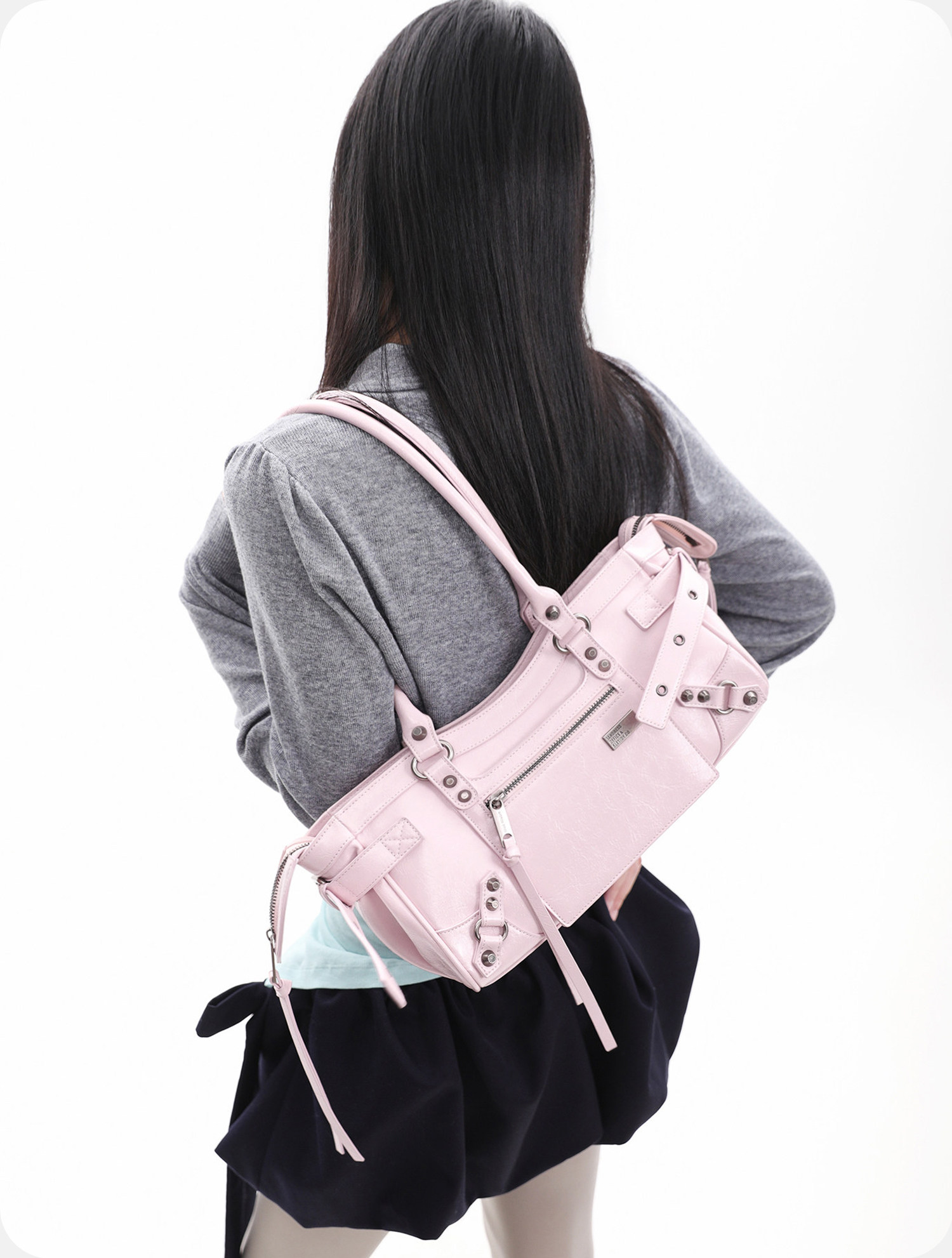 JANDRESS Pink Studded Biker Shoulder Bag