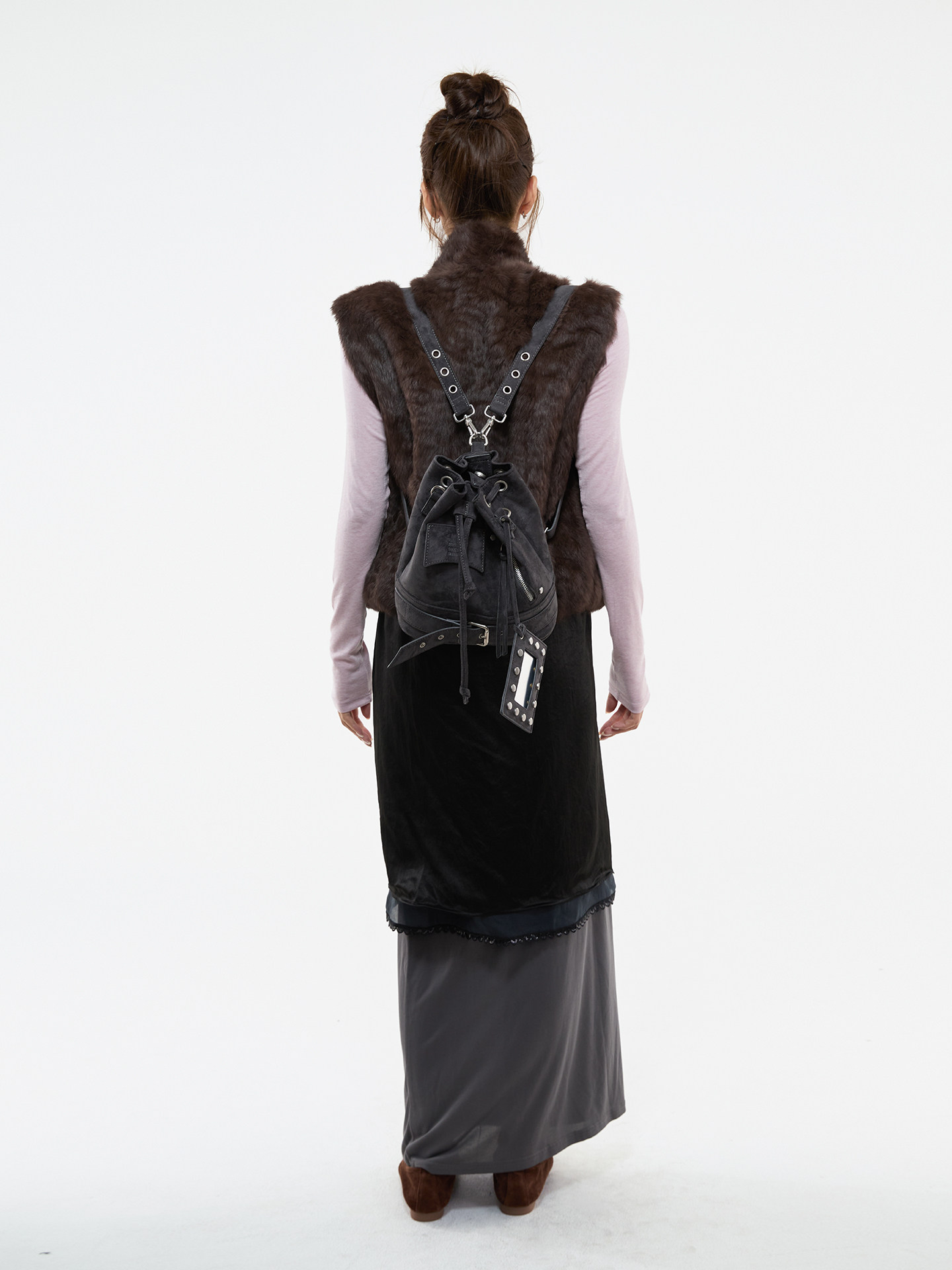 JANDRESS Blue-Grey PU Leather Drawstring Bucket Bag