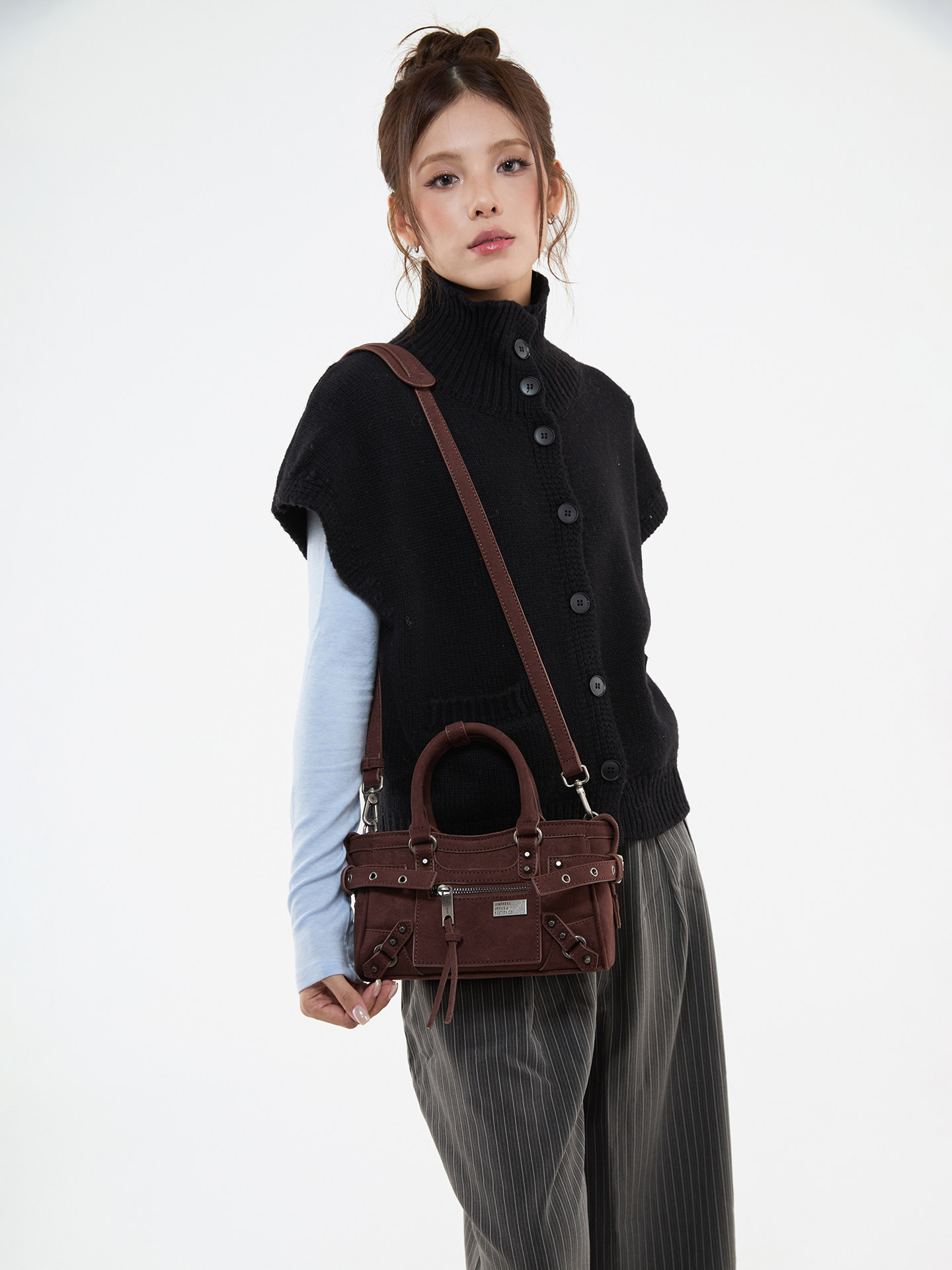 JANDRESS Brown PU Leather Studded Crossbody Bag
