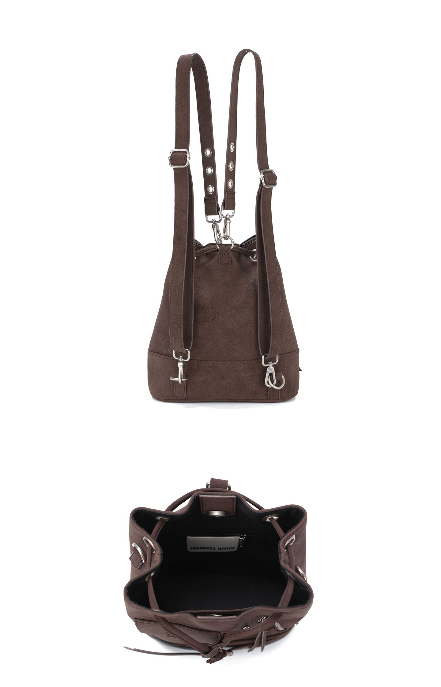 JANDRESS Brown PU Drawstring Bucket Bag
