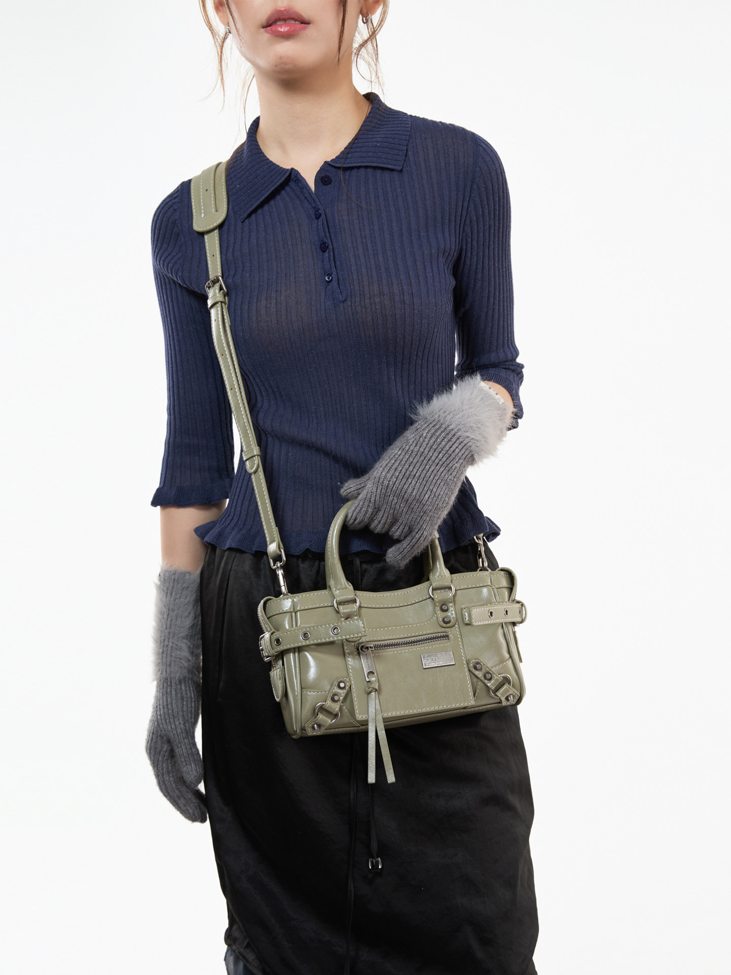 JANDRESS Sage Green Faux Leather Studded Mini Crossbody Bag - Zip-Top
