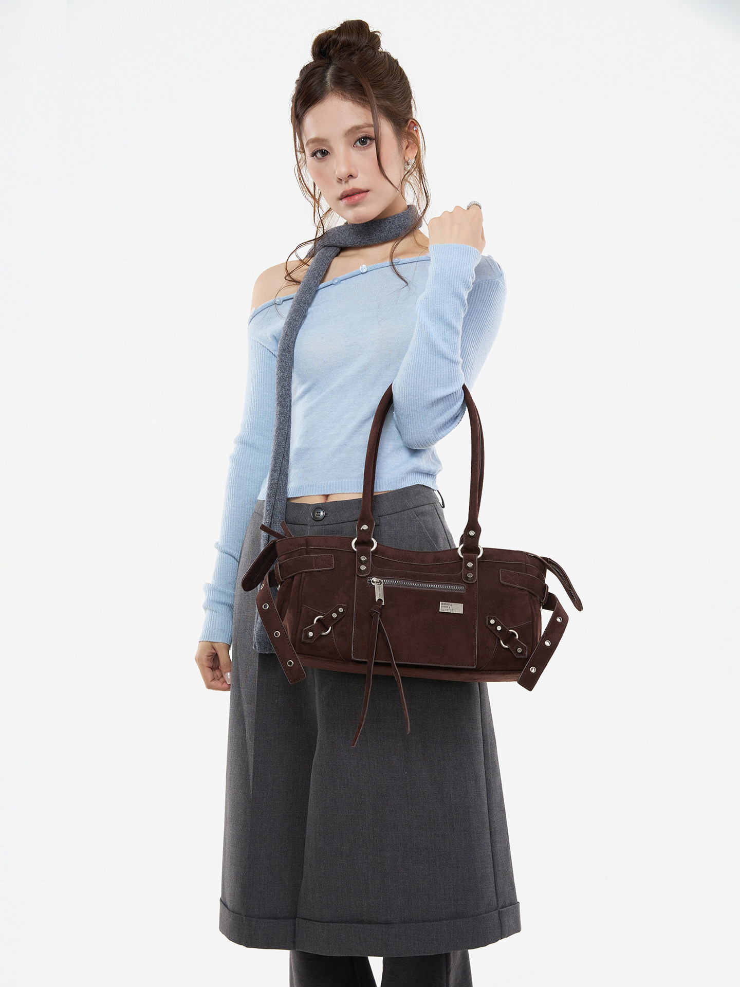 JANDRESS Suede Brown Studded Moto Underarm Bag