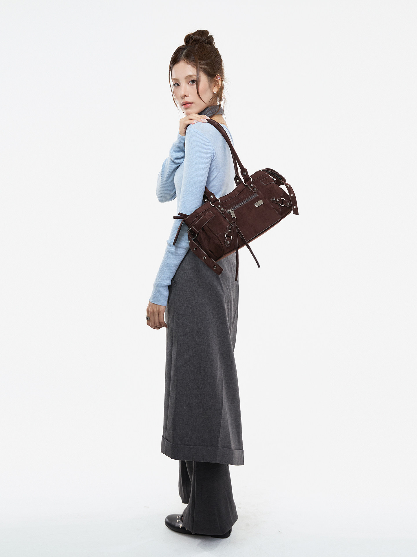 JANDRESS Suede Brown Studded Moto Underarm Bag