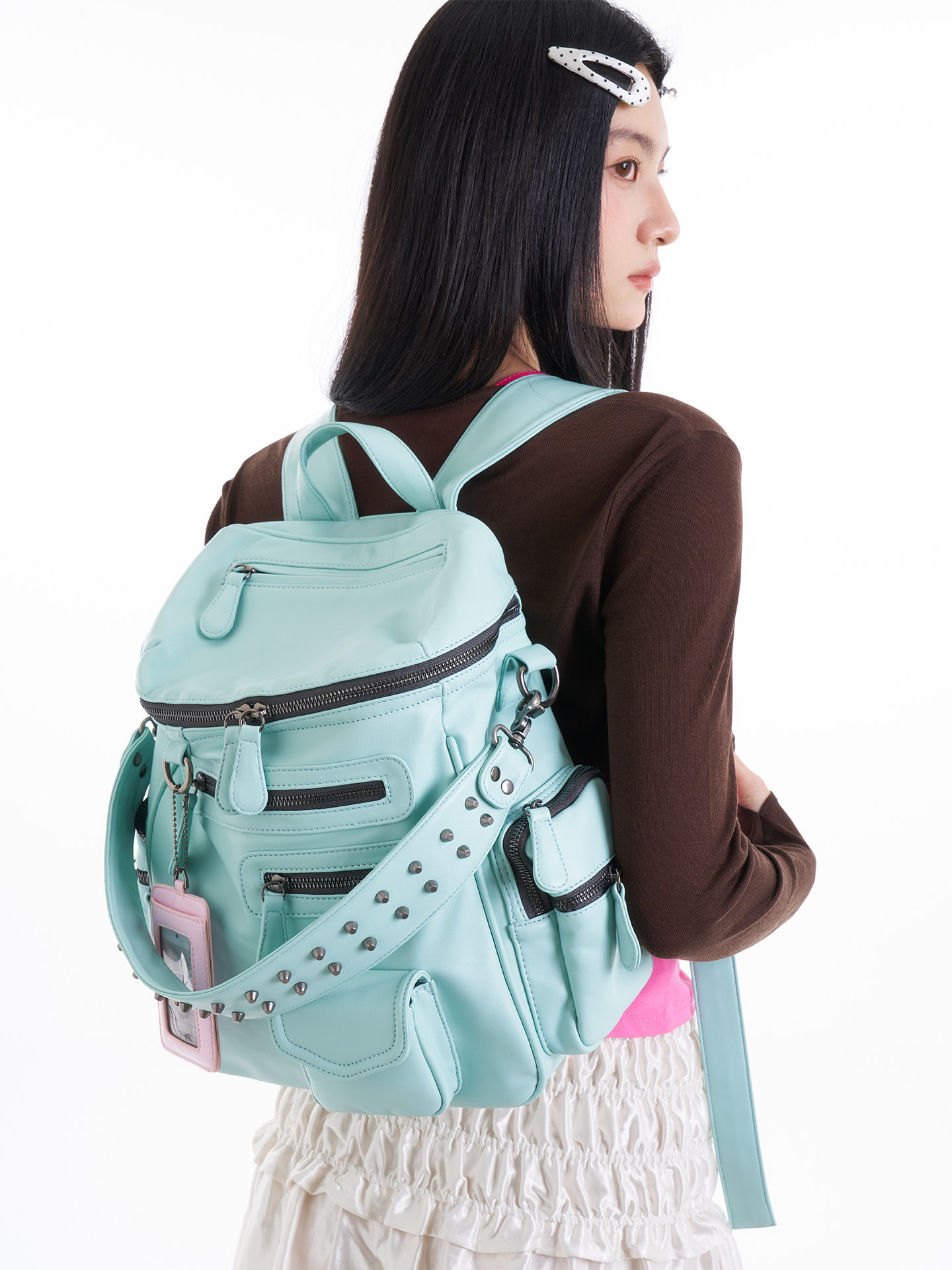 JANDRESS Mint Green Faux Leather Zip Backpack