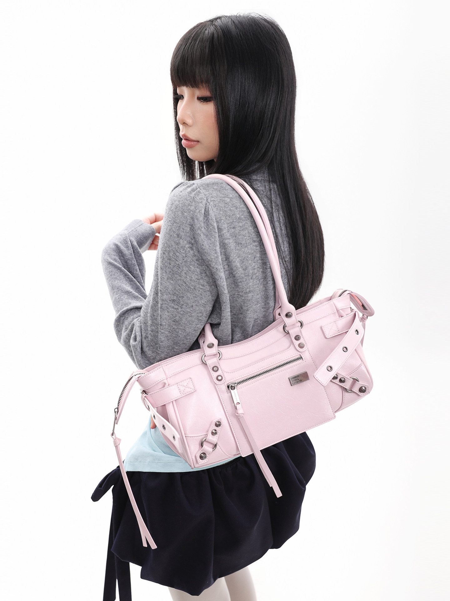 JANDRESS Pink Studded Biker Shoulder Bag