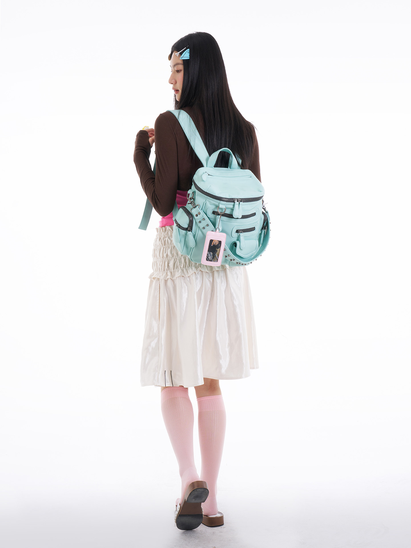 JANDRESS Mint Green Faux Leather Zip Backpack