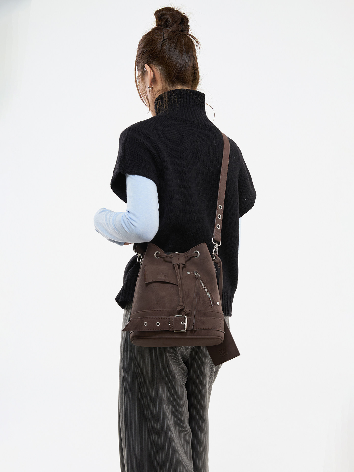 JANDRESS Brown PU Drawstring Bucket Bag