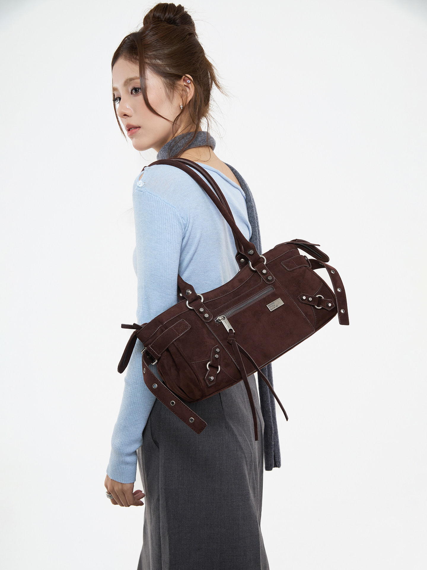 JANDRESS Suede Brown Studded Moto Underarm Bag