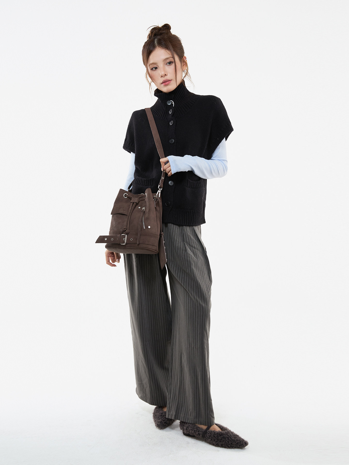 JANDRESS Brown PU Drawstring Bucket Bag