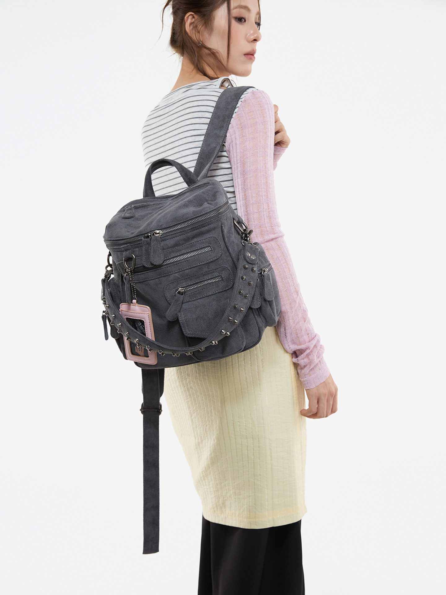 JANDRESS Blue-Grey Studded Multi-Pocket Backpack