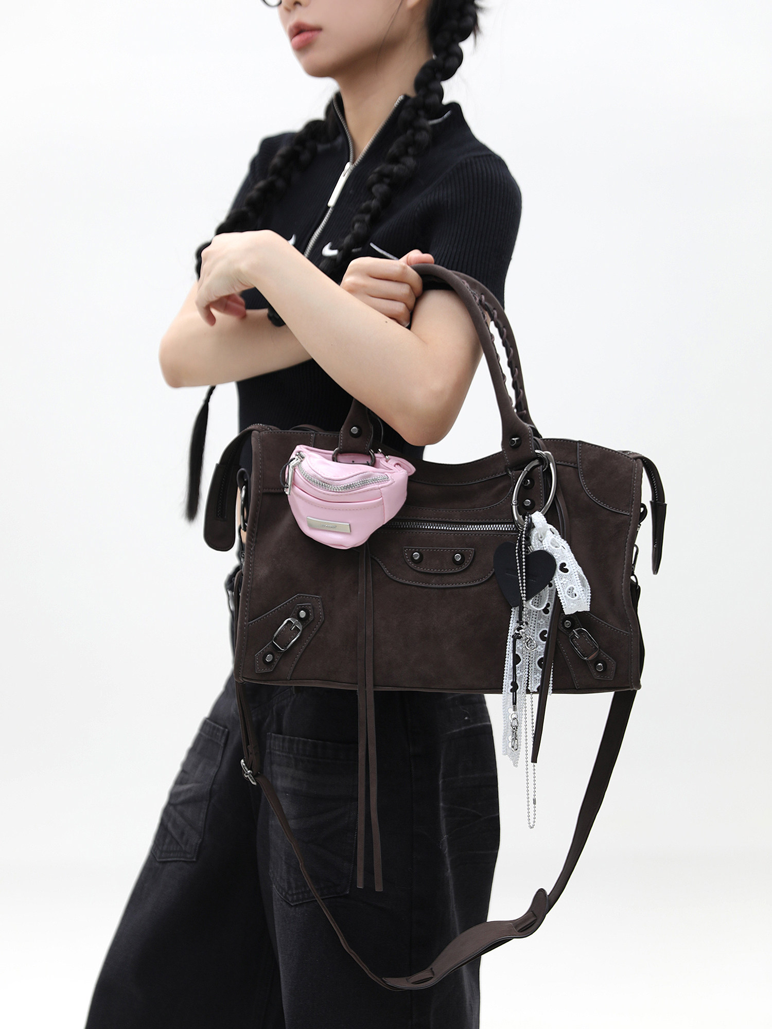 JANDRESS Suede Brown Studded Motorcycle Shoulder Bag