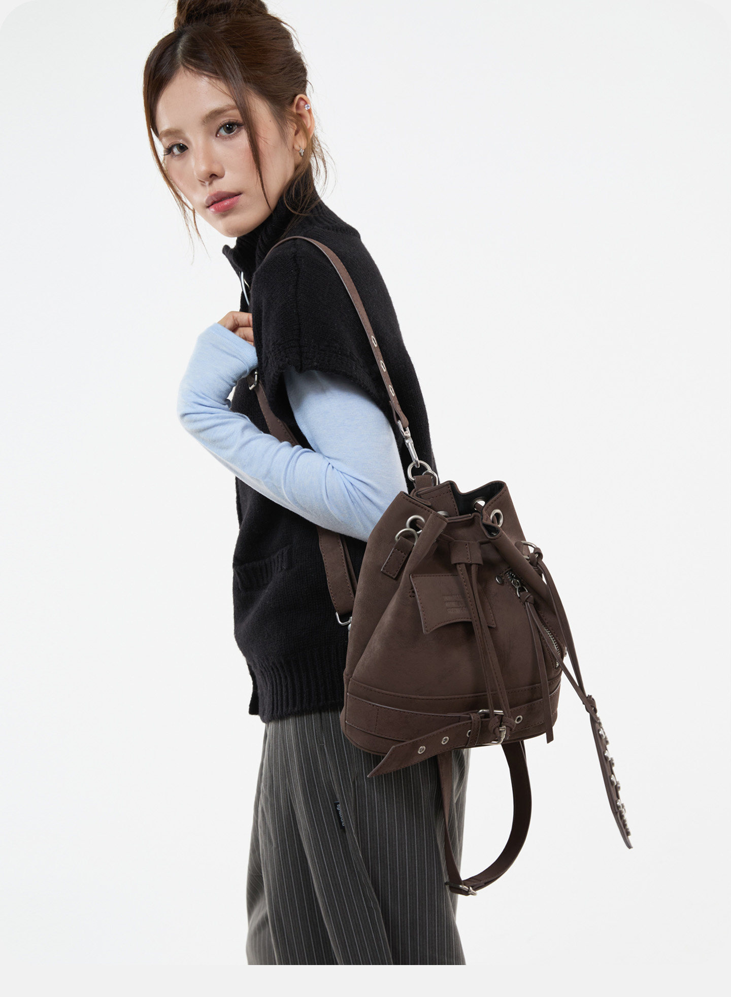 JANDRESS Brown PU Drawstring Bucket Bag