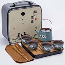 Outdoor camping portable tea set hand-painted ceramic teapot travel set tea equipment travel kung fu storage bag