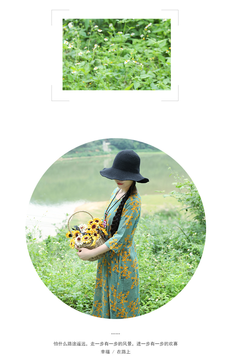 Mùa hè mới bông và vải lanh in tay áo vòng cổ văn học dài cô gái ăn mặc eo cao lỏng giảm béo váy dài váy nhún eo