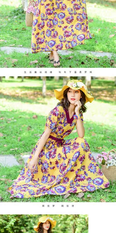 Real shot gió quốc gia 2018 hè nữ mới size rộng in hình cổ chữ V tay ngắn rộng tay với váy lụa cotton 	váy buộc eo