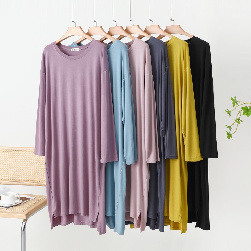 Modal Modal Nightgown Women's Summer Thin Long-Sleeved Pajamas Fat mm Large Size Loose Slimming Look Home Wear T-Shirt Dress