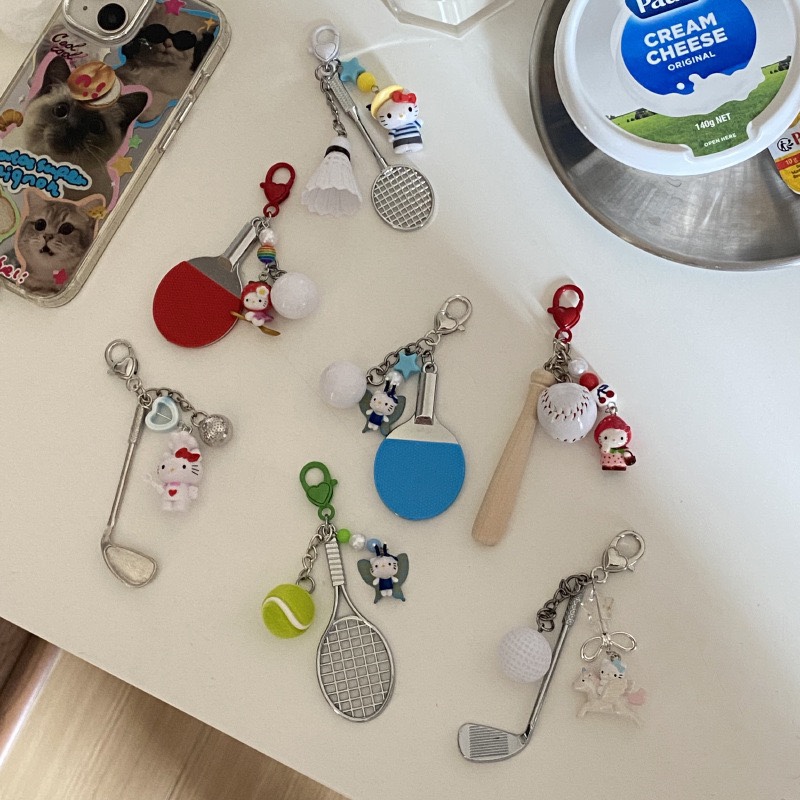 ins Creative Kt Sports Series Pendant Racket Keychain Baseball Badminton Table Tennis Cartoon Bag Pendant