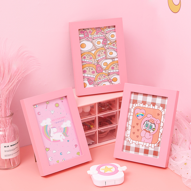 Pink Girly Decorative Stand Ornament Photo Frame Small Display Stand Wall Hanging Children's 6-Inch Creative Wooden Photo Frame