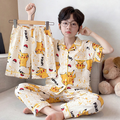 Children's Pajamas for Boys 2026 New Style Cloud Cotton Short-Sleeved Medium and Large Kidsren's Summer Thin Three-Piece Set for Boys That Can Be Worn — 3