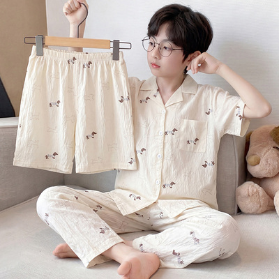 Children's Pajamas for Boys 2026 New Style Cloud Cotton Short-Sleeved Medium and Large Kidsren's Summer Thin Three-Piece Set for Boys That Can Be Worn — 6