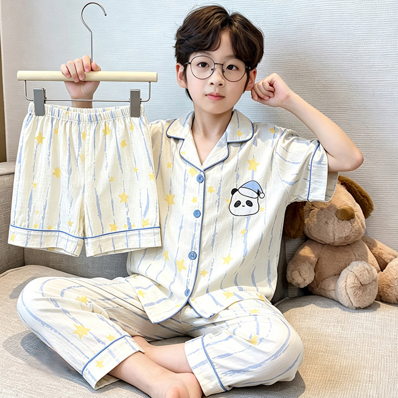 Boys' Pajamas 2026 New Style Kidsren's Spring and Autum Cloud Cotton Short-Sleeved Thin Style Boys' Summer Cartoon Three-Piece Set