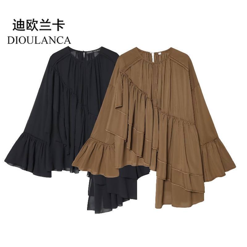 Dioulanca European and American Style Export Women's Clothing New Asymmetrical Ruffled Versatile Chiffon Top 1302494