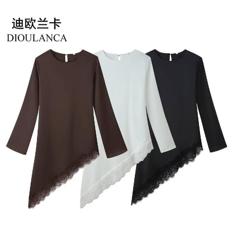 Dioulanca European and American Style Export Women's Clothing New Round Neck Satin Texture Lace Splicing Back Tie Top