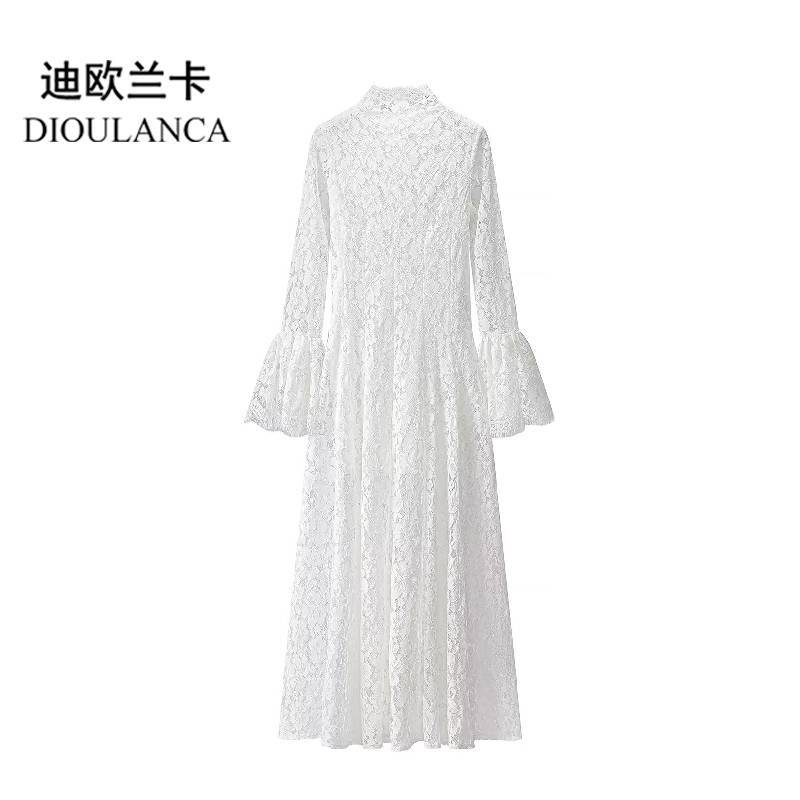 Dioulanca European and American Style Export Women's New White Lace Long-Sleeved High-Neck Flared Sleeve Elegant Dress Dioulanca European and American Style Export Women's New White Lace Long-Sleeved High-Neck Flared Sleeve Elegant Dress